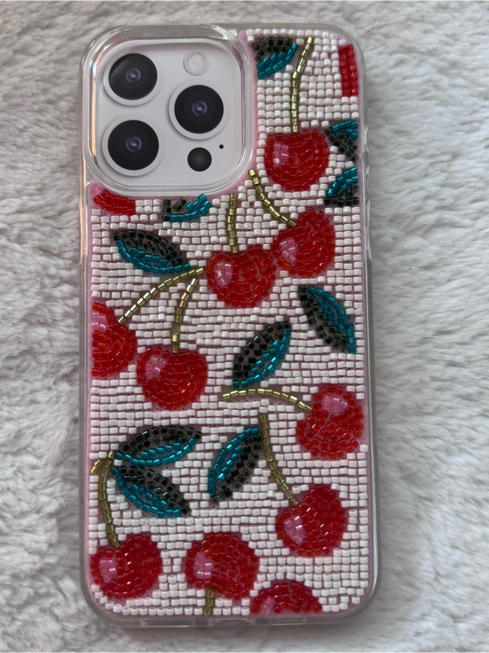 White Beaded Cherries iPhone Case